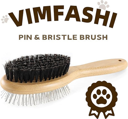 Double Sided Dog Brush Pin and Boar Bristle Pet Grooming Comb for Long or Short Haired Dogs and Cats Removing Shedding Tangles and Dead Undercoat