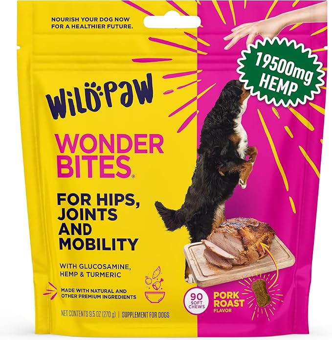 WildPaw WonderBites Hemp for HIPS, Joints, & Mobility -90 Soft Chews- Improves Mobility, Reduces Pain - Glucosamine, MSM, Hyaluronic Acid, Turmeric, & More – Joint Supplement for Dogs