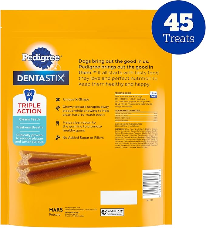 Pedigree Dentastix Small & Medium Breed Dog Treats, Original with Real Chicken, 21.1 oz. Bag (45 Treats)