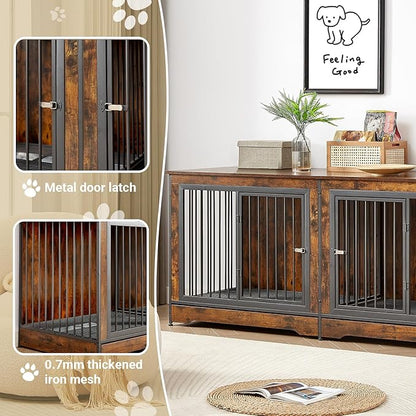 Rovibek 75" Double Dog Crate Furniture for 2 Large Dogs, Heavy Duty Furniture Style Dog Kennel End Table, Wood Crates for Dogs Kennel Indoor Double Door, Brown