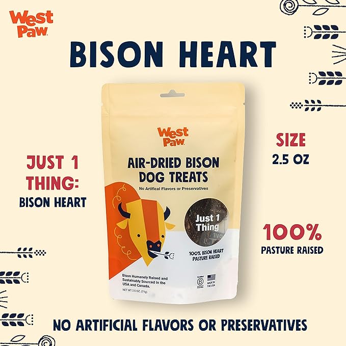WEST PAW Air Dried Bison Heart Dog Treats  Farm Fresh Bison Heart Snacks for Dogs  Wholesome Canine Treat  Vitamins, Minerals, Proteins  One-Ingredient Treat  2.5 Oz. (1 Pack)