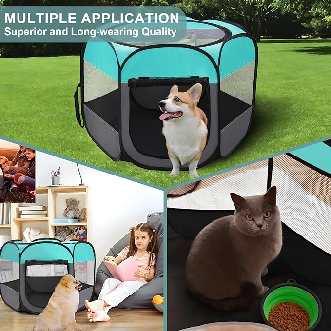 Pet Puppy Playpen for Cat Dog Indoor Outdoor, Foldable Portable Tent, Pop Up Dog Kitten Kennel Playpen with Carrying Case and Bowl,Green,Medium