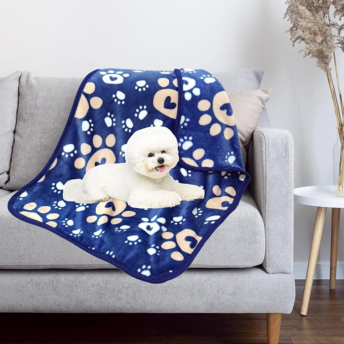 Dog Blanket, Soft Fleece Dog Blankets for Small Medium Dogs, Fluffy Flannel Pet Cat Puppy Blanket Mat Cover for Bed Couch, Cute Paw Print Throw Blanket for Dogs, Blue 40"X30"