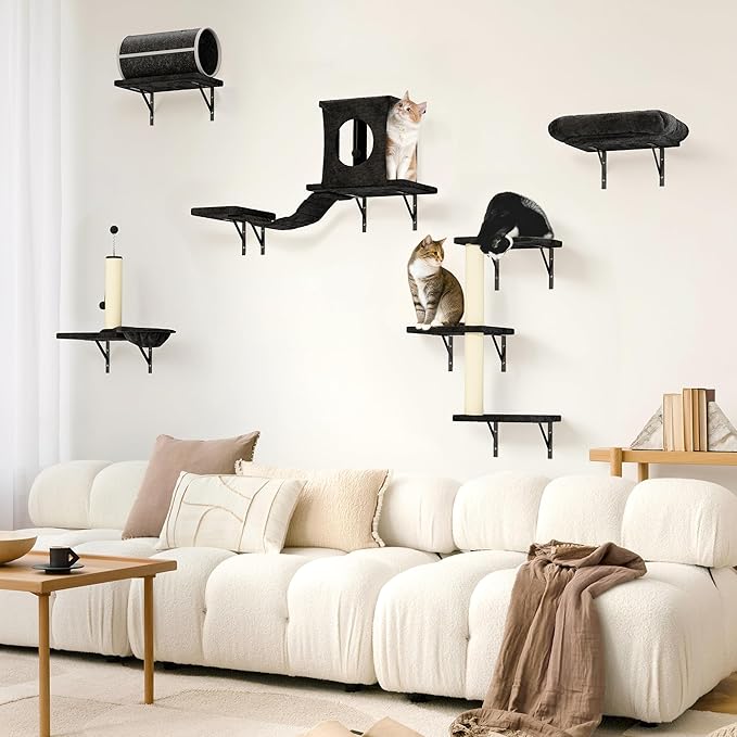 NUNU LAB 14-in-1 Cat Wall Shelves Set, Wall-Mounted Cat Climber with Bridge, Tunnel, House, Scratcher, Steps, Indoor Space-Saving Furniture for Kittens Play, Black