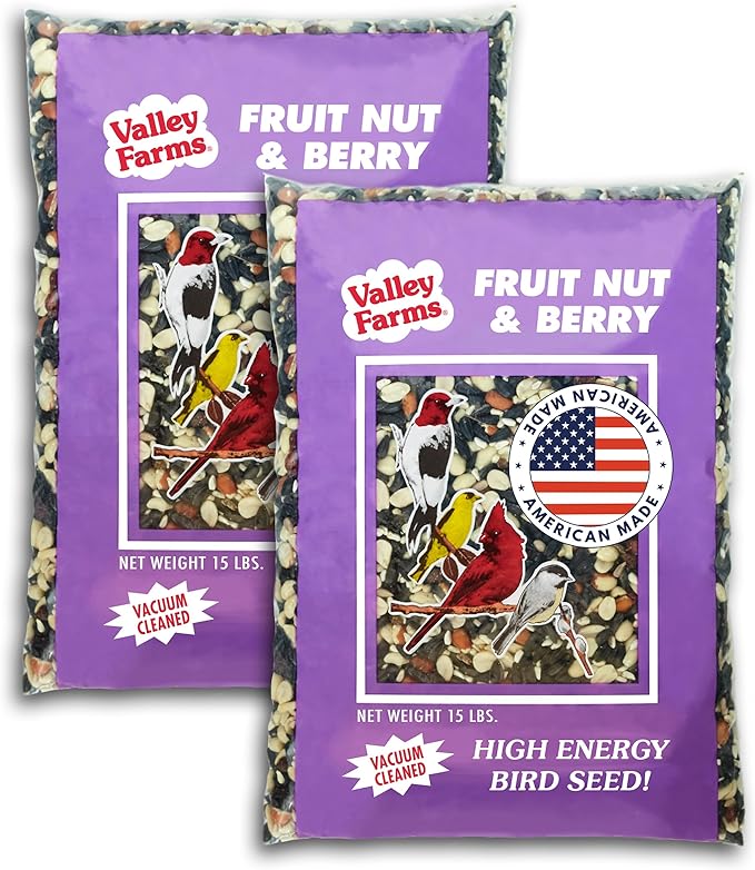 Valley Farms Fruit Nut & Berry 15 LB 2-Pack (30 LB Total) Wild Bird Food for Outside Feeders, Bird Seed with Dried Fruit, Peanuts, Sunflower, and Safflower, High Energy Mix for Healthy Birds!