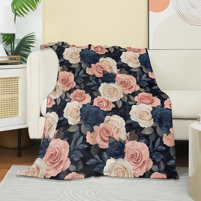 Elegant Rose Blanket, Soft Warm Cozy Sophisticated Floral Throw Blanket Gifts for Adults Kids Women, Lightweight Fuzzy Comfy Flannel Blankets for Couch, Travel, Bed, House Decor 50×40 Inch