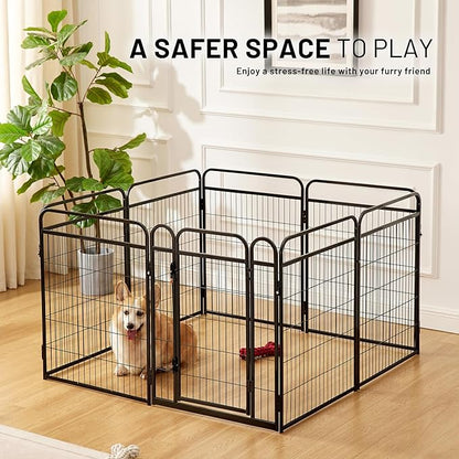 Dog Play Pen Indoors - 8 Panels 40" Playpens Indoor Safety Design Without Stakes, Threshold Free Door Ease to Access, Portable Fence Ground Anchors for Outdoor, Yard and RV Camping