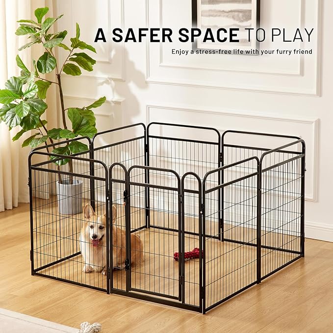 Dog Play Pen Indoors - 8 Panels 32" Playpens Indoor Safety Design Without Stakes, Threshold Free Door Ease to Access, Portable Fence Ground Anchors for Outdoor, Yard and RV Camping