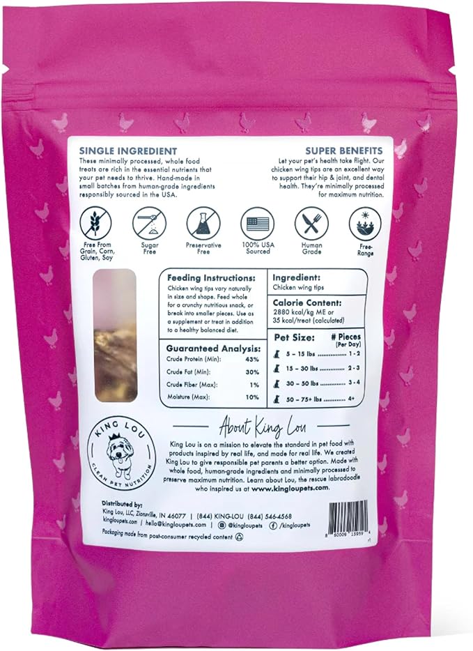 King Lou Pets - Whole Chicken Wing Tips - Dehydrated Raw Chicken Dog Treats and Cat Treats - USA-Made Pet Treats - Rich in Collagen, Glucosamine, Chondroitin for Hip and Joint Health - 30 Count