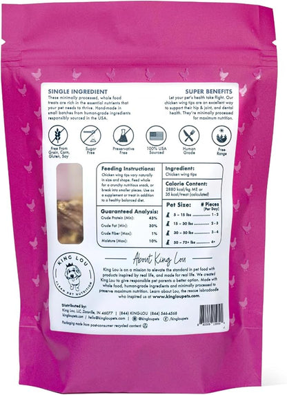 King Lou Pets - Whole Chicken Wing Tips - Dehydrated Raw Chicken Dog Treats and Cat Treats - USA-Made Pet Treats - Rich in Collagen, Glucosamine, Chondroitin for Hip and Joint Health - 30 Count