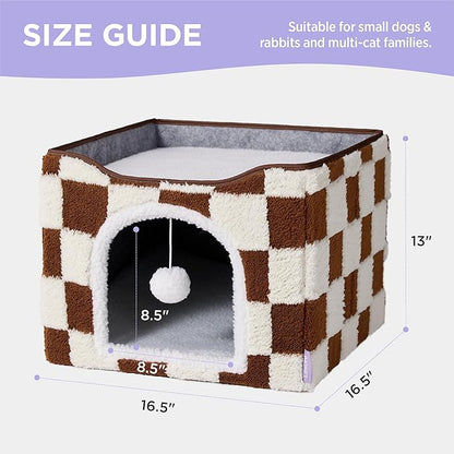Lesure Indoor Cat Beds Kitten House - Large Cat Cave for Pet Cube with Fluffy Ball Hanging, Foldable Small Animal Hideaway, 16.5x16.5x13 inches, Brown Checks