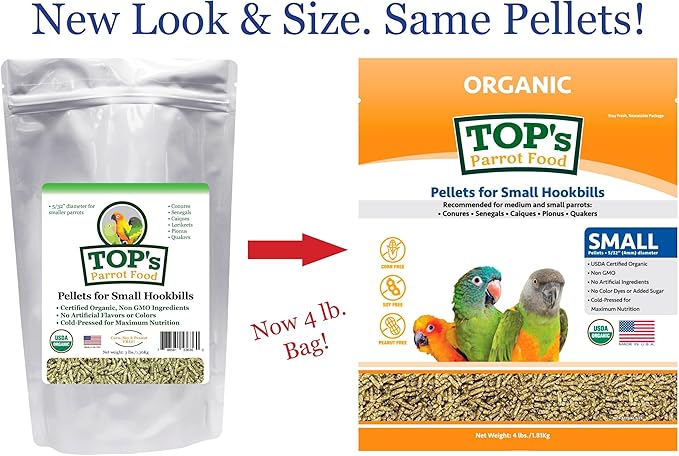 TOP's Parrot Food Bird Pellets for Small Hookbills - Non-GMO, Peanut Soy & Corn Free, USDA Organic Certified (4lbs)