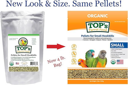 TOP's Parrot Food Bird Pellets for Small Hookbills - Non-GMO, Peanut Soy & Corn Free, USDA Organic Certified (4lbs)