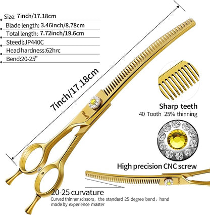 7" Professional Curved Thinning Scissors for Dog Grooming Sharp Blades Blending Shears Dog Grooming Scissors Japan 440C Stainless Steel Smooth Motion & Fine Cutting(Gold)