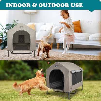 2 in 1 Dog House,Elevated Dog Bed with Removable Cover, Indoor & Outside Puppy Shelter Cot,Raised Dog Bed for Large Dogs & Cats (Brown, Large)