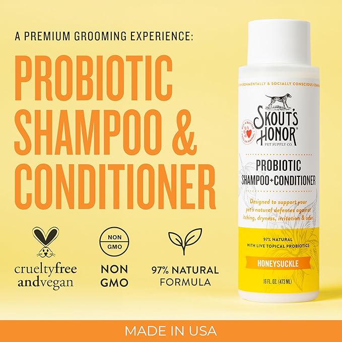 Skout's Honor Probiotic Pet Shampoo & Conditioner with Avocado Oil & Omega-3s, 97% Natural, Paraben & Sulfate-Free, Cruelty-Free, 16oz, Honeysuckle
