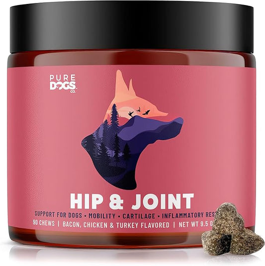 Pure Dogs Hip & Joint Dog Chews - Glucosamine Chondroitin & Green Lipped Mussel for Joint Pain Relief, Function & Mobility, Gut & Digestive Support - for Large & Small Breeds - 90 Chews