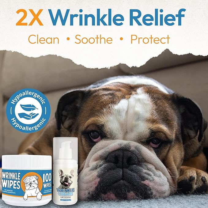 Bulldog Wrinkle Wipes & Cream Bundle - Deep Cleaning Wrinkle Wipes + Soothing Dog Wrinkle Cream - Hypoallergenic for Bulldogs, Pugs, Frenchies (100 Wipes + 85g Cream)