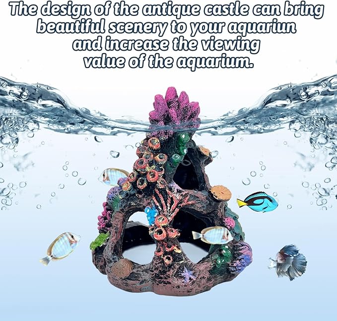 PINVNBY Coral Aquarium Decoration (Size: 6.3 x 4.7 x 4.7 inches) Small Fish Tank Decorations Resin Rock Mountain Cave Ornaments Betta Fish Hideout House for Beta Sleep Rest Hide Play Breed