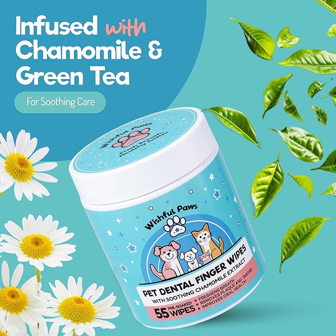 Dog Teeth Cleaning Wipes - Dog Tooth Brushing Kit - Dog Toothbrush Finger Wipes - Removes Plaque & Tartar, Dog Breath Freshener - No-Rinse Pet Dental Care for Dogs & Cats - Easy Use - 55 Count