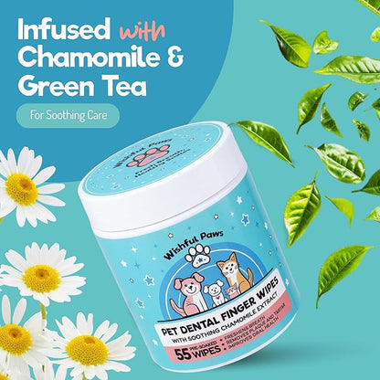 Dog Teeth Cleaning Wipes - Dog Tooth Brushing Kit - Dog Toothbrush Finger Wipes - Removes Plaque & Tartar, Dog Breath Freshener - No-Rinse Pet Dental Care for Dogs & Cats - Easy Use - 55 Count