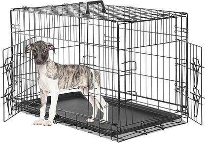 Double Door Dog Crate, Durable Metal Foldable Pet Crate with Secure Lock, Removable Tray for Easy Cleaning for Dogs Portable Pet Crate for Indoor, Outdoor, 30 Inch