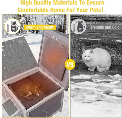Aivituvin Outdoor Cat Houseï¼_ouble Rooms Waterproof Outside Feral Cat Shelter for Winter 100% Wood