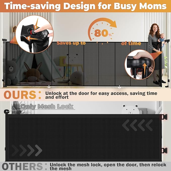 275" Retractable Baby Gates Dog Gate Extra Wide, 52" Tall Child Pet Safety Gate with Reinforced Strips for Stairs, Long Mesh Garage Gates Fence for Outdoor Indoor Large Openings Driveway Decks Patio