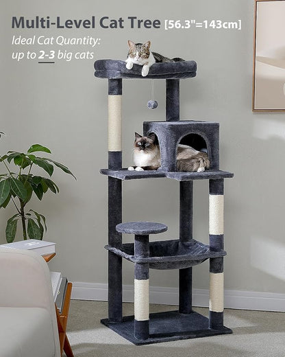 Cat Tree for Large Cats with Metal Plush Big Hammock, 56.3" Cat Tower for Indoor Cats with 2 Door Condo House, 6-Tier Cat Shelves with Scratching Posts and Large Top Perch, Dark Gray