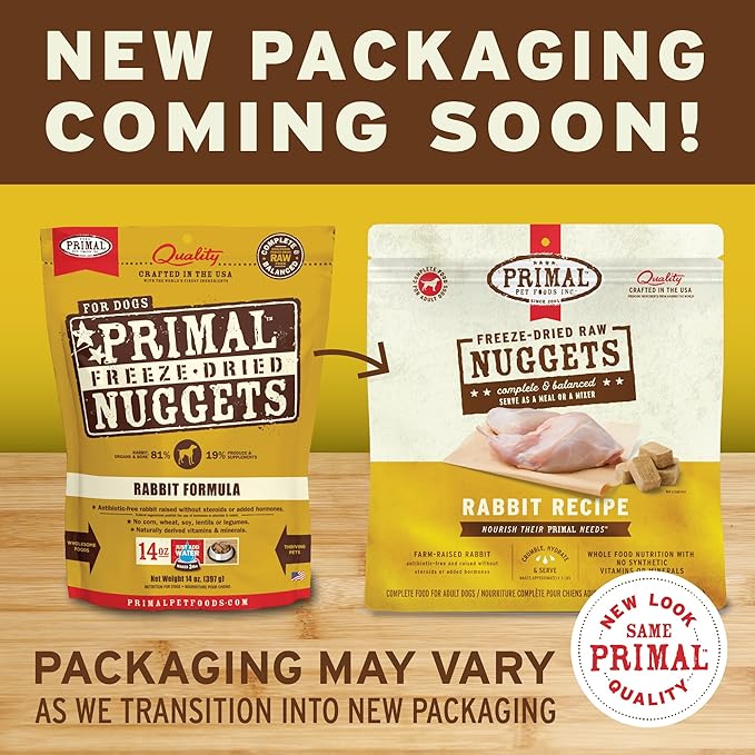 Primal Freeze Dried Raw Dog Food Nuggets, Rabbit, Complete & Balanced Meal, Also Use as Topper or Treat, Premium, Healthy, Grain Free, High Protein Raw Dog Food, 14 oz