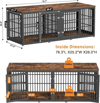 78 Inch Double Dog Crate Furniture, Heavy Duty Extra Large Cage Furniture with Divider for 2 Dogs, Decorative Wooden Kennel Furniture Indoor, Metal Pet House for Large and Medium Dogs