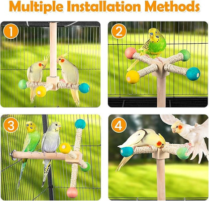 Rotating Bird Perches Toy, Interactive Spinning Parrot Parakeet Toys, Wooden Exercise Stand Bird Cage Accessories for Budgies,Cockatiels,Small Birds