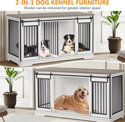 60.6 Inch Double Dog Crate with Divider, 2-in-1 Heavy Duty Dog Crate TV Stand with 2 Sliding Doors and Thick Iron, Indoor Dog House for 2 Dogs (White)