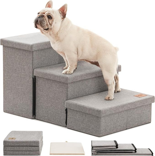 Love's cabin Dog Stairs for High Bed 18"H,Foldable Pet Stairs for Small Medium or Large Dogs Puppy with Storage for Bed or Couch, Cat Dog Steps Ramp with Zip up to 210 lbs(Solid Grey,3 Steps no Condo)