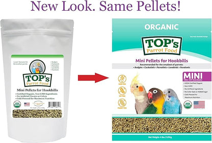 TOP's Parrot Food Mini Pellets Bird Food for Budgies, Cockatiels, Parrotlets, Lovebirds, Parakeets - Non-GMO, Peanut Soy & Corn Free, USDA Organic Certified - 4LBS