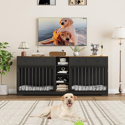82 Double Dog Crate Furniture, Large Dog Kennel Indoor for 2 Dogs, Heavy Duty Wooden Dog Crate TV Stand with 4 Drawers and Shelves, Black