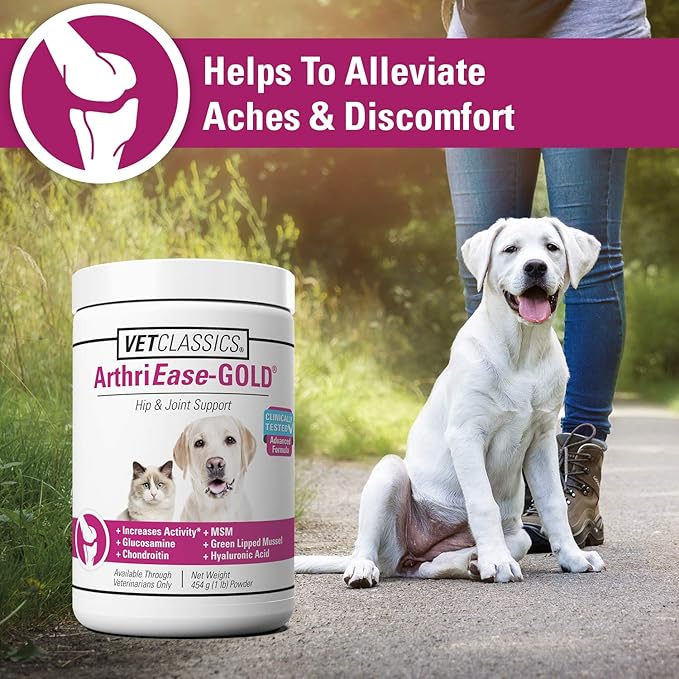 Vet Classics ArthriEase-Gold Hip & Joint Support for Dogs, Cats Pet Health Supplement Powder  Alleviates Aches, Discomfort  For Flexibility, Healthy Joint Function  Antioxidants  1 Lb.