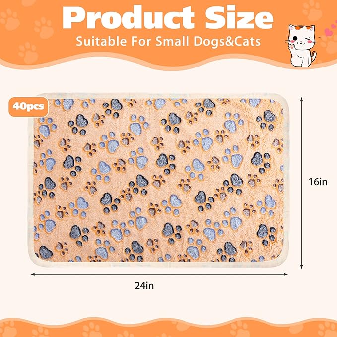 Chumia 40 Pcs Blankets Soft Fluffy Fleece Washable Pet Dog Sleep mat Paw Print Pattern Fleece Blankets for Pets Throw Warm Bed Mat for Dog Puppy Cat(24 x 16 Inch,Pink, White, Brown, Purple)