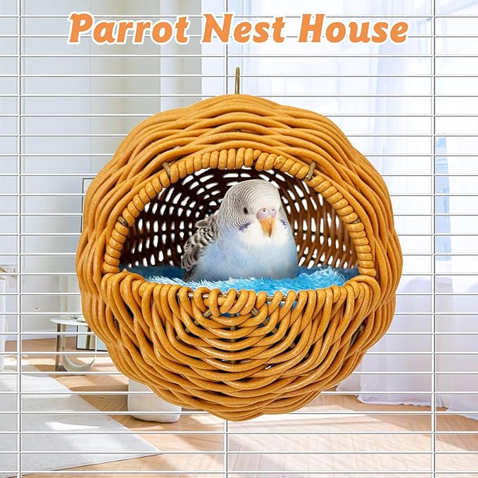 BNOSDM Rattan Bird Nest Parrot Nesting House Parakeet Nesting Soft Lovebird Warm Bed Sleeping for Parrots Bird Cage Accessories for Cockatiels Budgerigars Finches Canaries (G-Hole Style)
