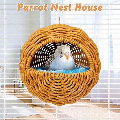 BNOSDM Rattan Bird Nest Parrot Nesting House Parakeet Nesting Soft Lovebird Warm Bed Sleeping for Parrots Bird Cage Accessories for Cockatiels Budgerigars Finches Canaries (G-Hole Style)