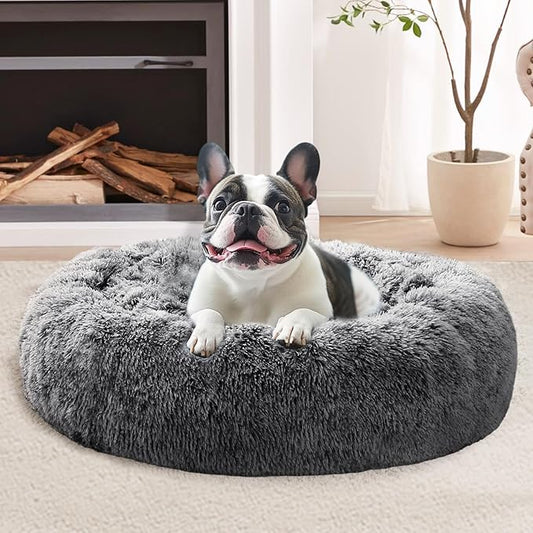 JOLLYVOGUE Dog Bed Cat Bed, Anti-Anxiety Small Dog Bed, Calming Donut Dog Bed for Puppy Bed, Fluffy Dog Beds for Small Medium Dogs, Washable Round Puppy Bed for Indoor Pet (24"/Smoke Black
