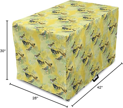 Ambesonne Bird Dog Crate Cover, Little Birds on Spring Branches in Watercolor Style Repetitive Pattern, Easy to Use Pet Kennel Cover for Medium Large Dogs, 42 Inch, Yellow and Multicolor