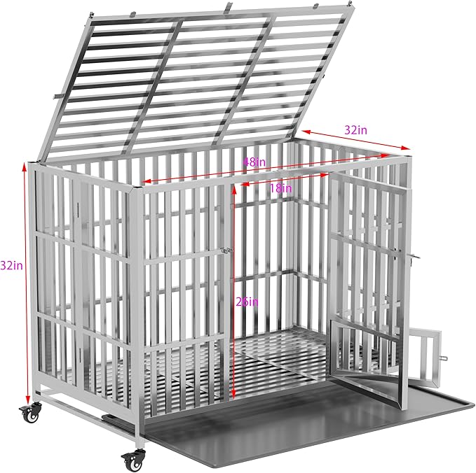 37" 42" 48" Heavy Duty Dog cage Stainless Steel Metal Kennel and Crate, Collapsible for Medium to Large Dogs, Easy to Assemble pet Pen with Four Lockable Wheels, Black Tray (48in)