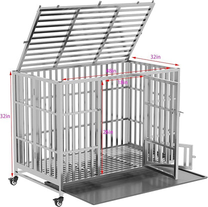 37" 42" 48" Heavy Duty Dog cage Stainless Steel Metal Kennel and Crate, Collapsible for Medium to Large Dogs, Easy to Assemble pet Pen with Four Lockable Wheels, Black Tray (48in)