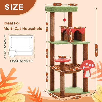 PETEPELA 56.3 Inches Mushroom Cat Tree Tower with Cute Mushroom Cat Scratching Board, Cat Condo, Extra Large Hammock and Plush Perches, Brown