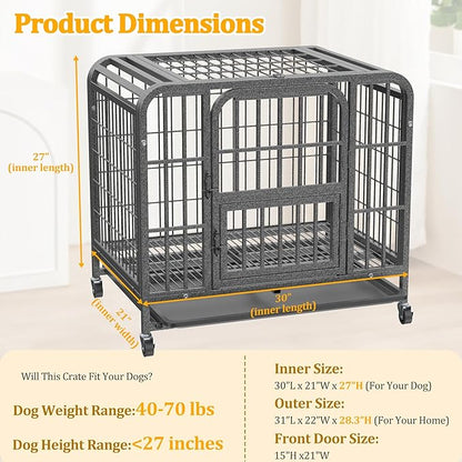Metal Dog Crate for Small Medium Dogs 31 inch, Heavy Duty 10-Gauge Steel Dog Kennel Indoor Escape Proof, Wire Cage for High Anxiety or Arthritic Dogs Comfortable with Lockable Wheels, Bottom Tray