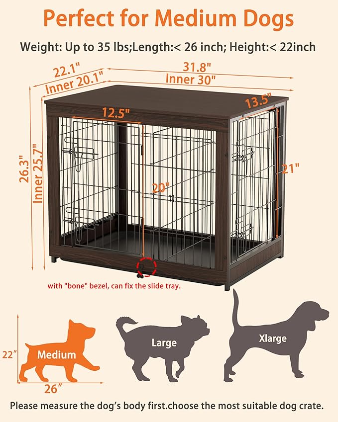 Piskyet Wooden Dog Crate Furniture with Divider Panel, Dog Crate End Table with Fixable Slide Tray, Dog Kennel Furniture, Dog Kennel Indoor for Medium Dogs(M:31.8" L*22.1" W*26.3" H,Brown Walnut)