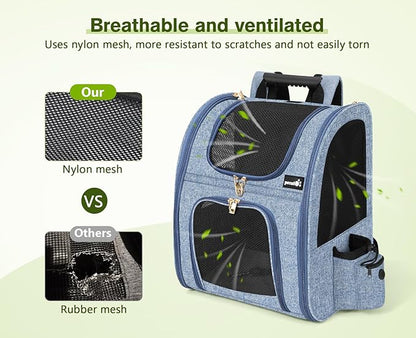 Pecute Cat Backpack with Breathable Mesh, Dog Backpack Carrier with Multi-Pockets for Cats Puppies, Pet Backpack Carrier for Travel Hiking Camping Outdoor Blue
