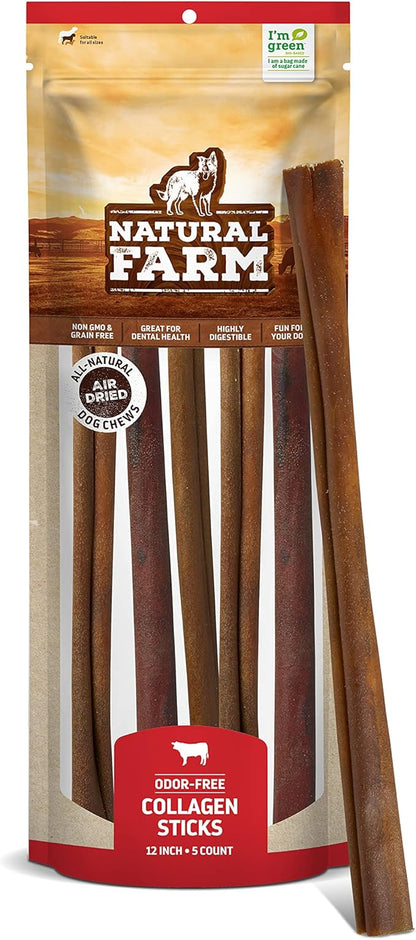 Natural Farm Collagen Dog Chews (12 Inch, 5 Pack), Odor-Free Long Lasting Bully Sticks & Rawhide Alternative Dog Treats, 95% Collagen Low Fat, High Protein Best Dental Dog Treats  Medium & Large Dogs