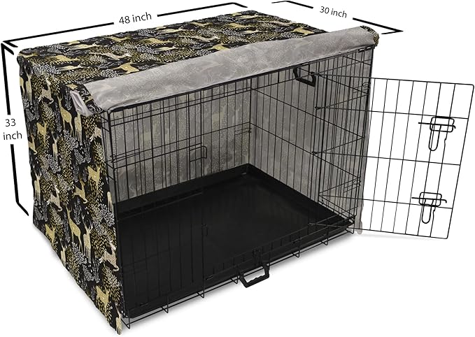 Ambesonne Christmas Dog Crate Cover, Nature Woodland and Deer Silhouettes with Oriental Ornaments Design, Easy to Use Pet Kennel Cover for Medium Large Dogs, 48 Inch, Yellow White Black